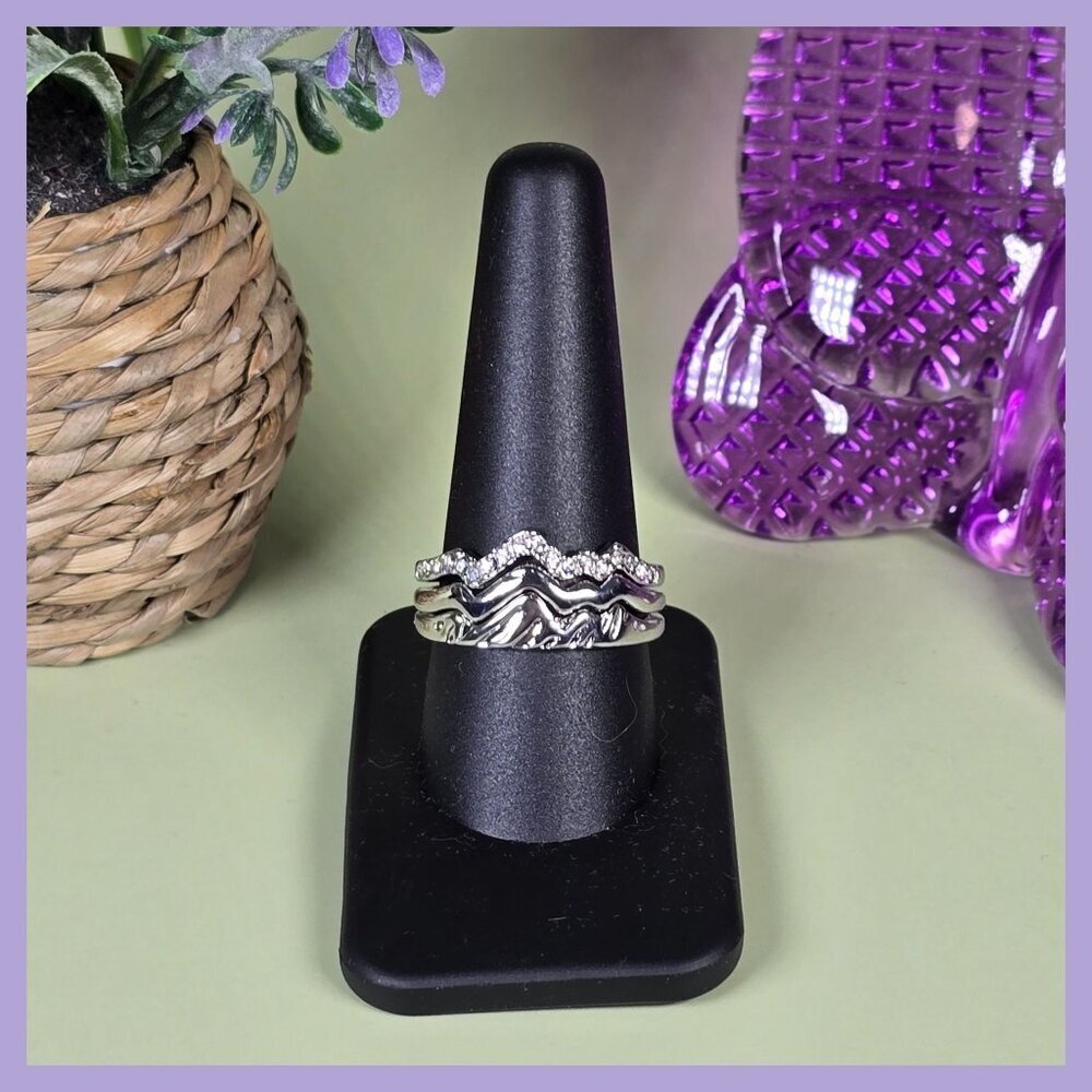 Set Of‎ 3 Mountain-Inspired Silver-Tone Stacking Rings With Crystal Accents Size